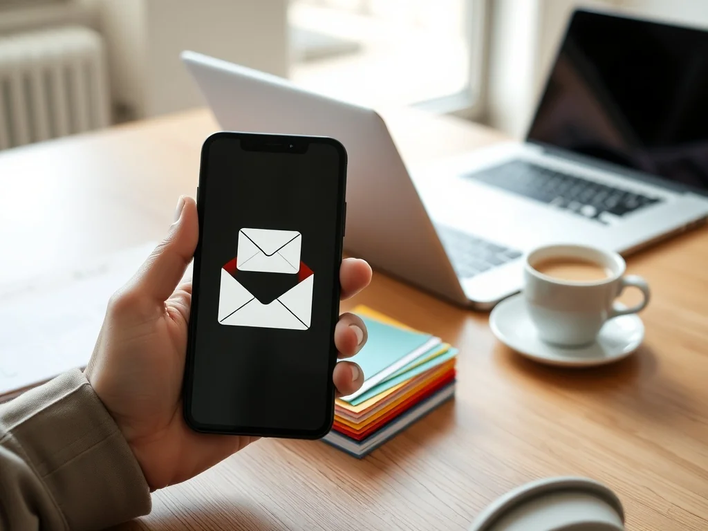 Smartfon z otwartą skrzynką mailową i koperty na biurku, symbolizujące narzędzia marketingu bezpośredniego.
