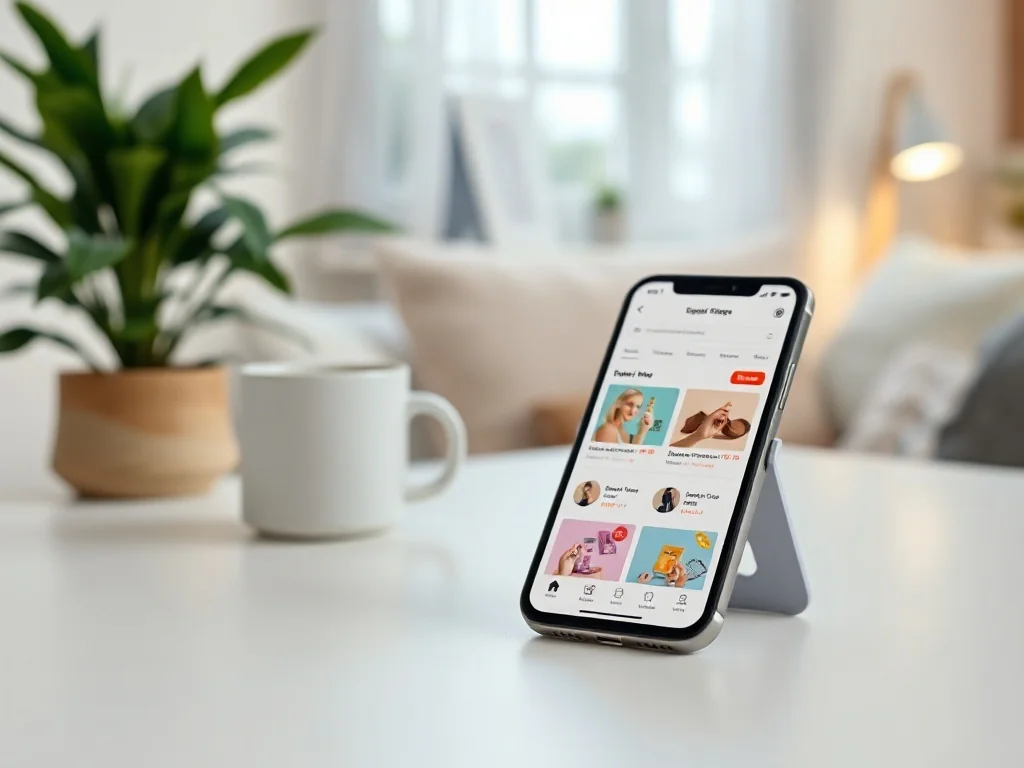 Smartfon z kolorową aplikacją zakupową na białym biurku, w tle rozmyte, przytulne wnętrze domu z rośliną i kubkiem