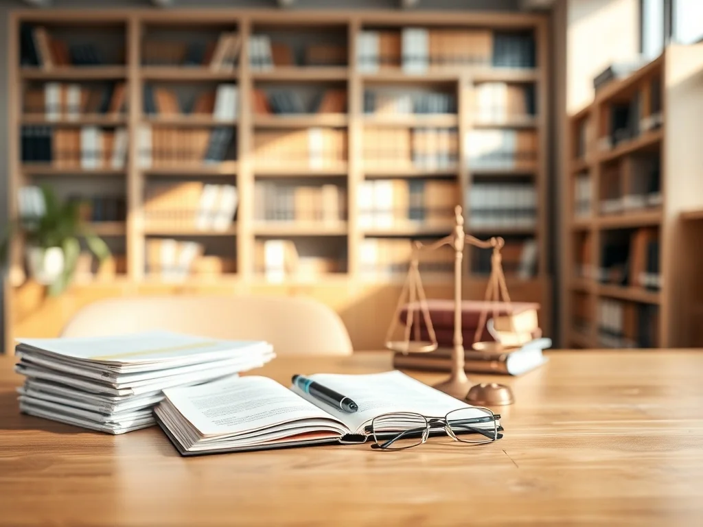 Biurko prokuratora z aktami spraw, notatnikiem i wagą Temidy na tle półek z literaturą prawniczą