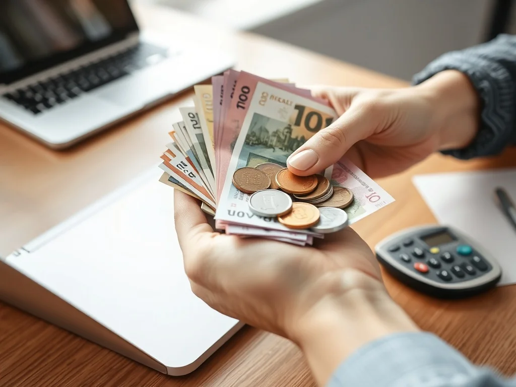Ręce trzymają różnokolorowe banknoty i monety na biurku, w tle laptop i kalkulator, symbol zmiany wartości pieniądza.