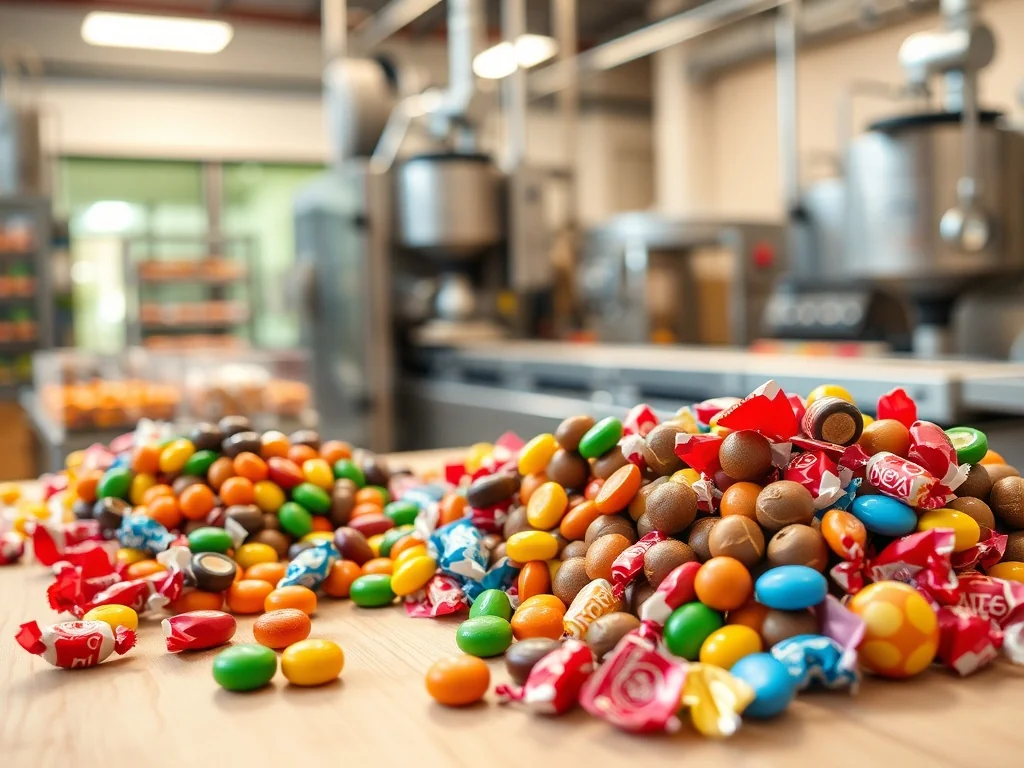 Kolorowe cukierki i czekoladki Roshen na stole, w tle nowoczesna linia produkcyjna w fabryce słodyczy
