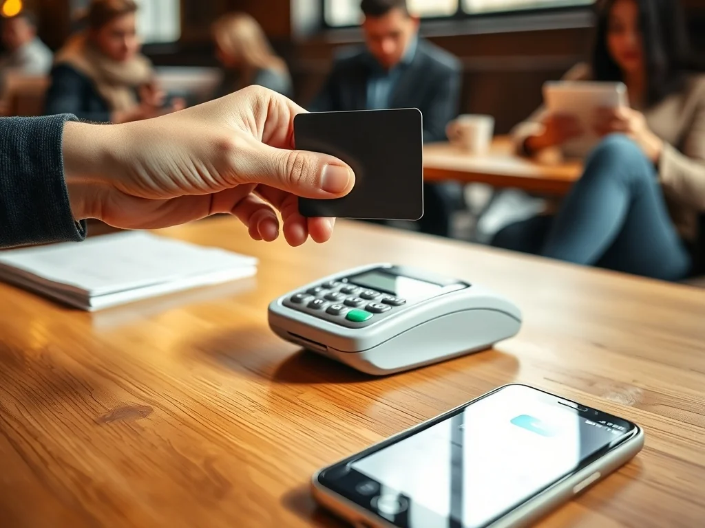 Dłoń przykłada kartę zbliżeniową do terminala, obok leży smartfon z aplikacją bankową w przytulnej kawiarni.