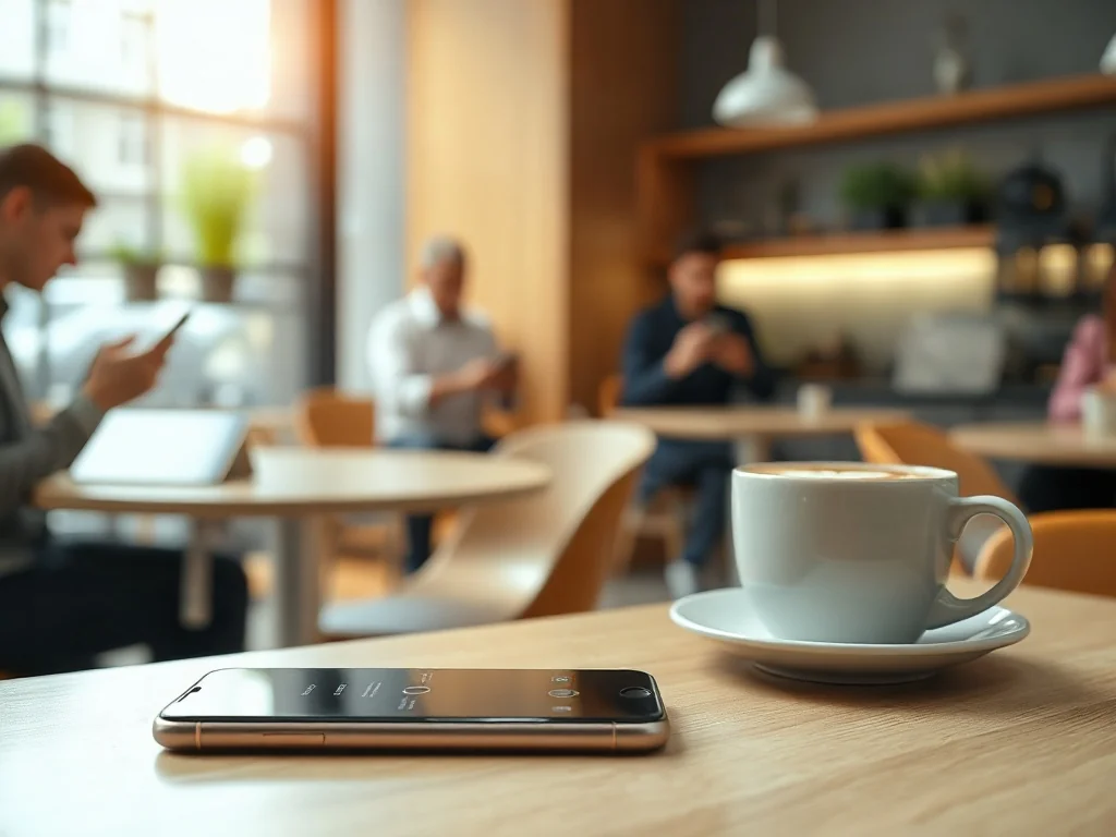 Smartfon na biurku z powiadomieniami, w tle kawiarnia z ludźmi korzystającymi z telefonów i tabletów – przykład marketingu mobilnego.