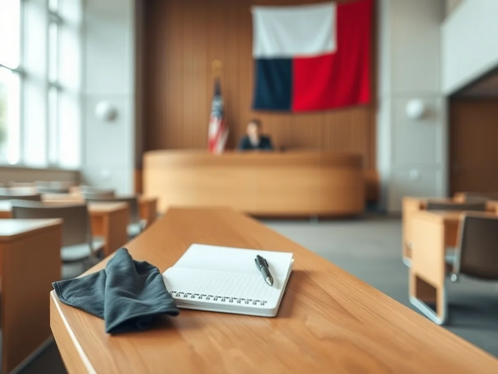 Pusta, nowoczesna sala sądowa z togą i notatnikiem na ławie, symbolizująca rolę ławnika w procesie sądowym.