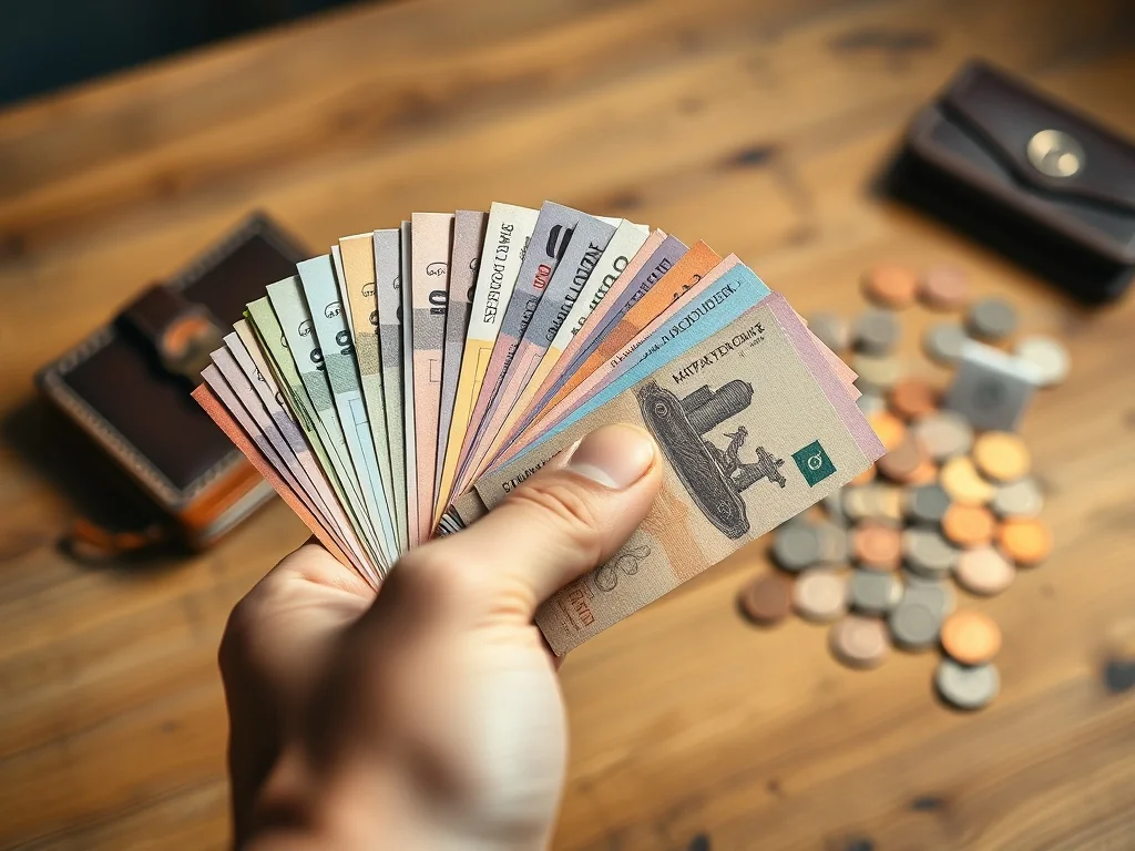 Dłoń trzyma wachlarz kolorowych banknotów, w tle rozrzucone monety i stary skórzany portfel na drewnianym stole.