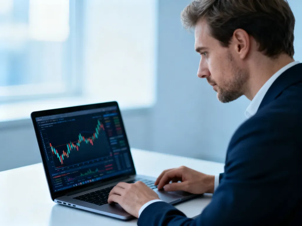 Mężczyzna skupiony na analizie wykresów finansowych na laptopie w nowoczesnym biurze.