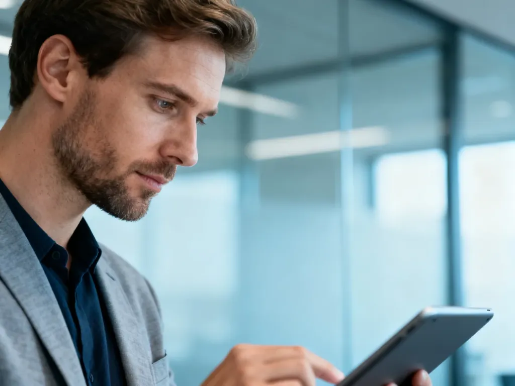 Mężczyzna w stylu business casual przegląda informacje na tablecie w nowoczesnym biurze.