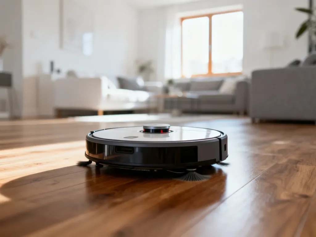 Nowoczesny robot sprzątający Dreame na drewnianej podłodze w jasnym, skandynawskim salonie.