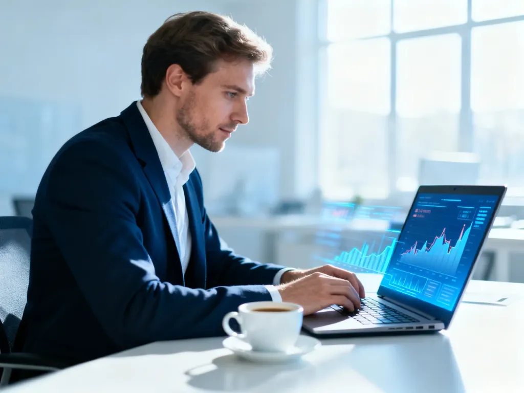 Mężczyzna pracujący przy laptopie w nowoczesnym biurze, analizujący dane w kontekście strategii marketingowej.