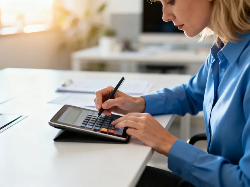 Kobieta przy biurku oblicza finanse na tablecie w nowoczesnym, jasnym biurze.