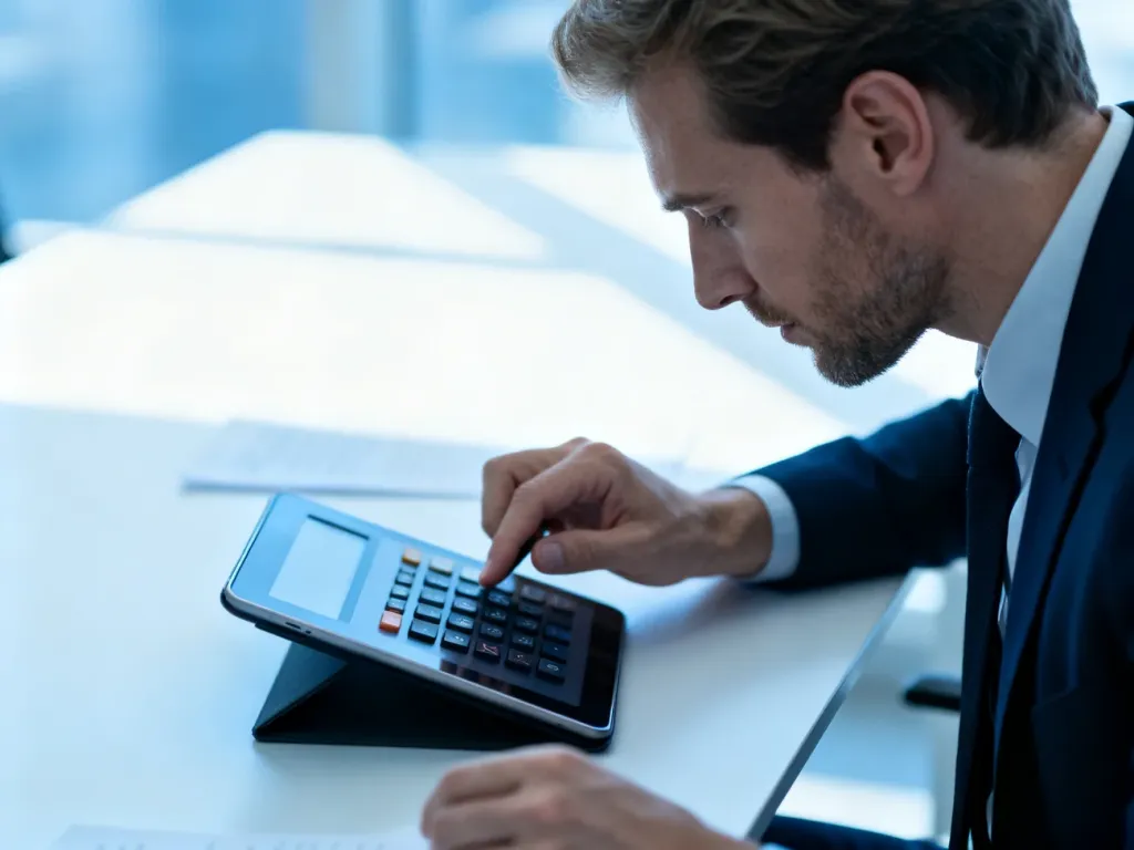 Mężczyzna przy biurku oblicza finanse na tablecie, co ilustruje proces kalkulacji wynagrodzenia netto.