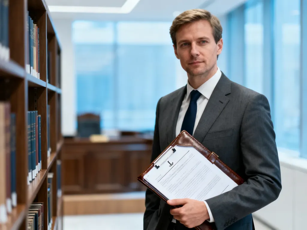 Kurator sądowy w garniturze z dokumentami w nowoczesnym biurze, symbolizujący profesjonalizm i pracę w wymiarze sprawiedliwości.
