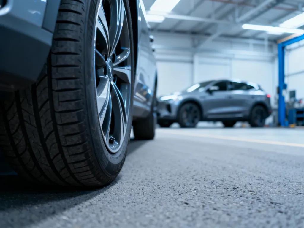 Zbliżenie na bieżnik opony marki Kumho na asfalcie, w tle nowoczesny samochód w minimalistycznym warsztacie.